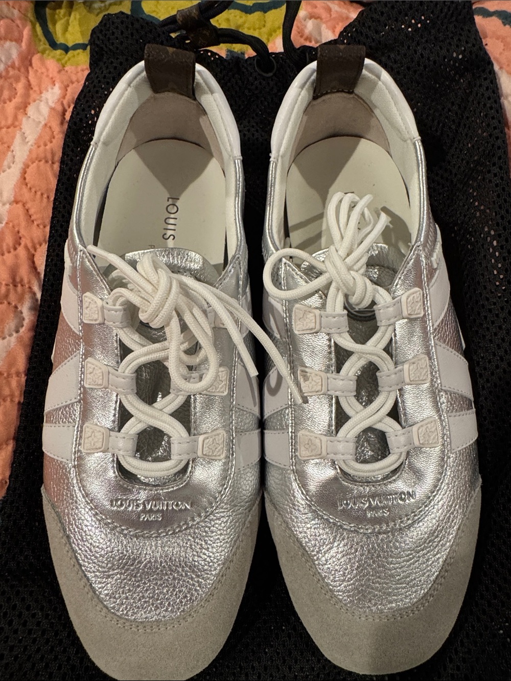 Louis Vuitton Silver and White Women’s Lace-Up Leather Sneakers